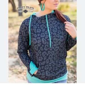 CRAZY TRAIN ASYMMETRICAL SHOULDER ZIP TEAL TURQUOISE LEOPARD PRINT HOODIE SzS